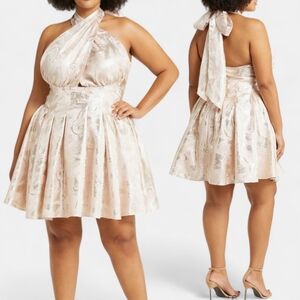 NEW Asos Luxe Curve Plus Size Halter Bow Pink Metallic Minidress 16W